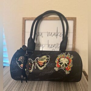 BNWT- Ed Hardy barrel purse with a butterfly and flaming skull design